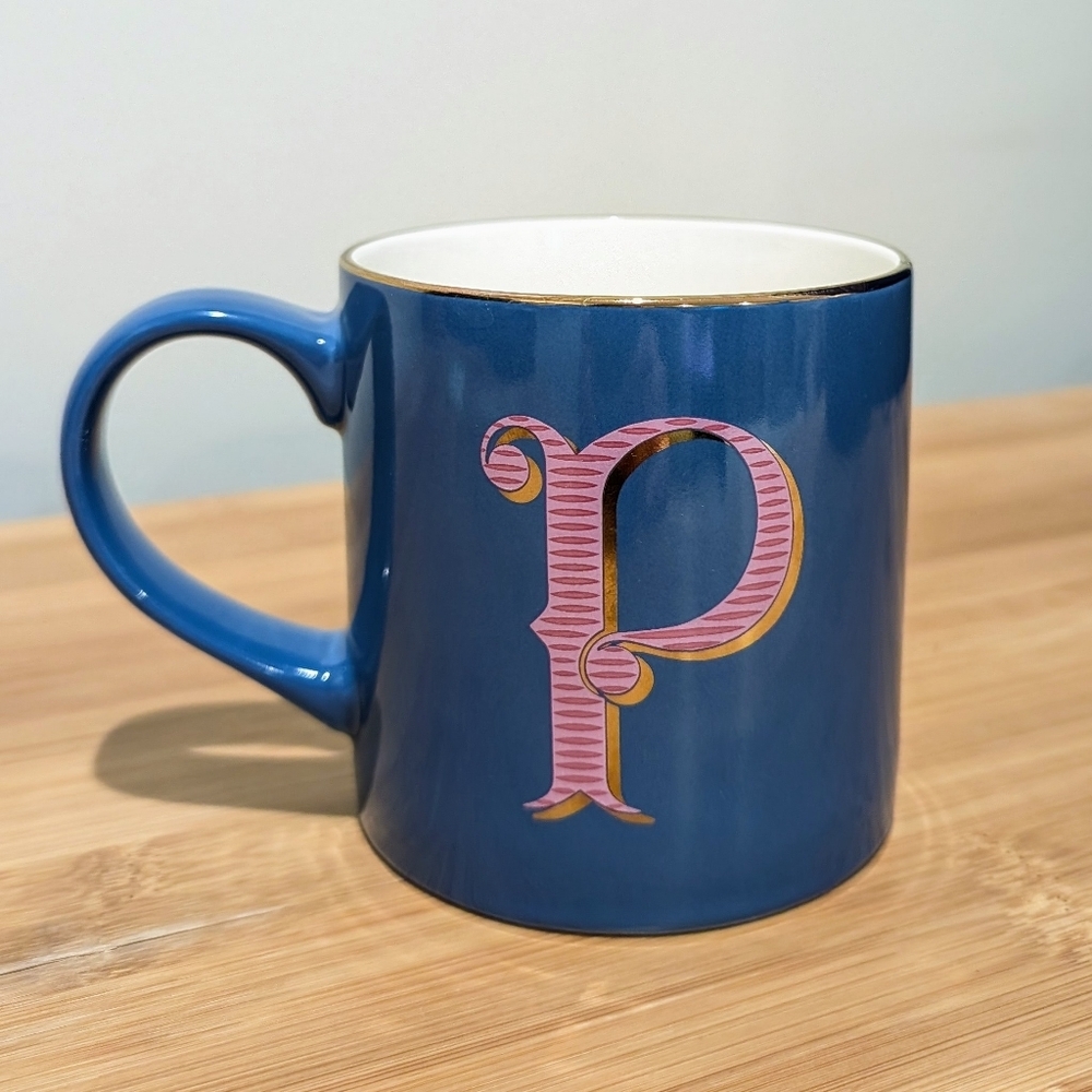 Opalhouse Blue Stoneware P Initial Monogram Mug Pink Gold Trim 16oz - Picture 3 of 5